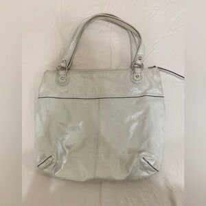 ✨ Coach Poppy Metallic Glam Tote – Opal Green-Silver Patent Shoulder Bag ✨